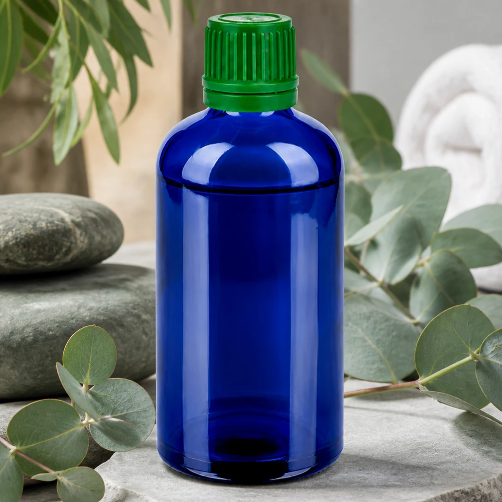 100 ml flaske 11 mm SV grøn OV BlueLine UT18/100 Glasflaske i høj kvalitet 100 ml i elegant blå med praktisk grønt 11 mm skruelåg