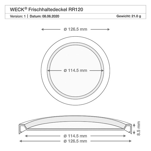 300 ml gourmetglas med fres. WECK RR120 Teknisk tegning WECK RR120 friskholdslåg med dimensioner på 126,5 mm i diameter og 114,5 mm i tværsnit