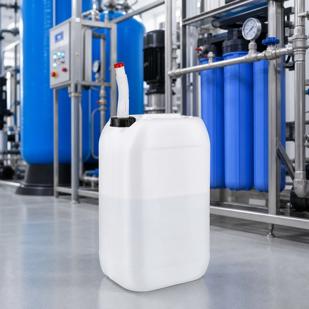 Beholder 15 liter med Flex-udløbsrør 15-liters beholder, der er godkendt til fødevarer, med fleksibel hældetud foran vandrensningsanlægget