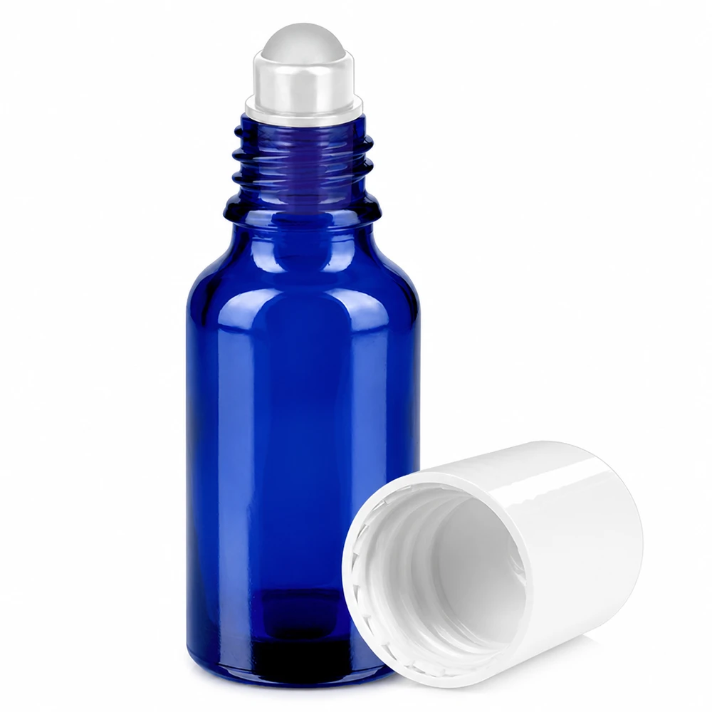 Blå glasflaske 20 ml med roll-on-applikator og aftageligt hvidt skruelåg