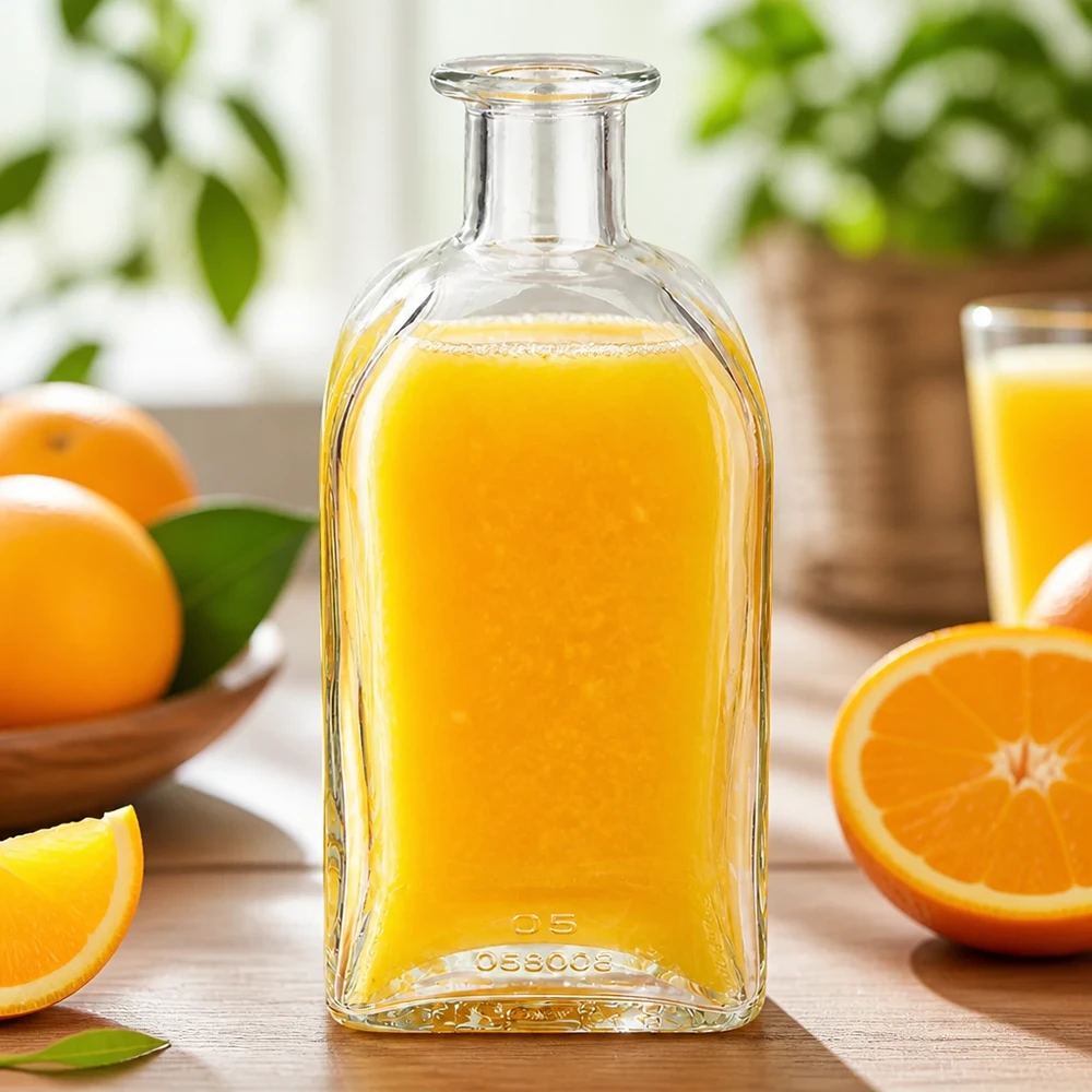 500 ml apoteksflaske Julia uden lukning UNiTWIST® 500 ml Julia glasflaske fyldt med appelsinjuice omgivet af friske appelsiner og appelsinskiver på et træbord