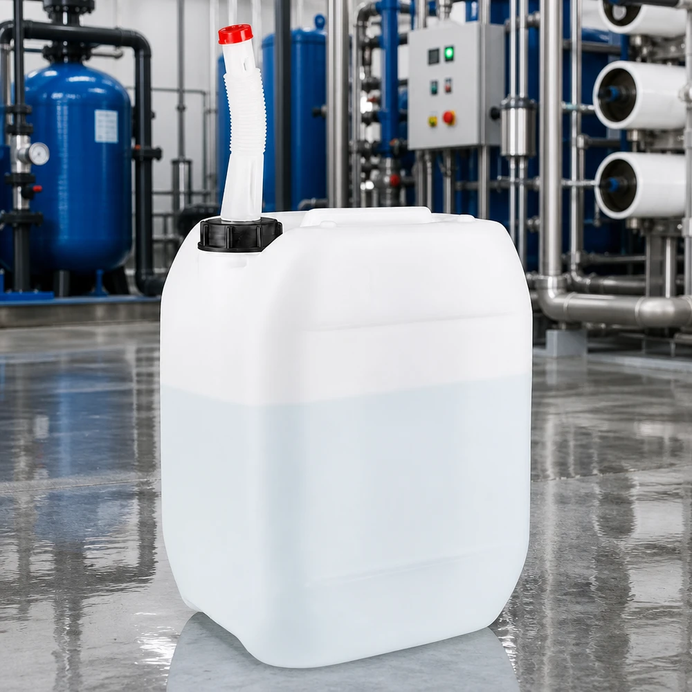 Beholder 10 liter med Flex-udløbsrør Robust industrikanister på 10 liter med fleksibelt udløbsrør i et moderne vandbehandlingsanlæg