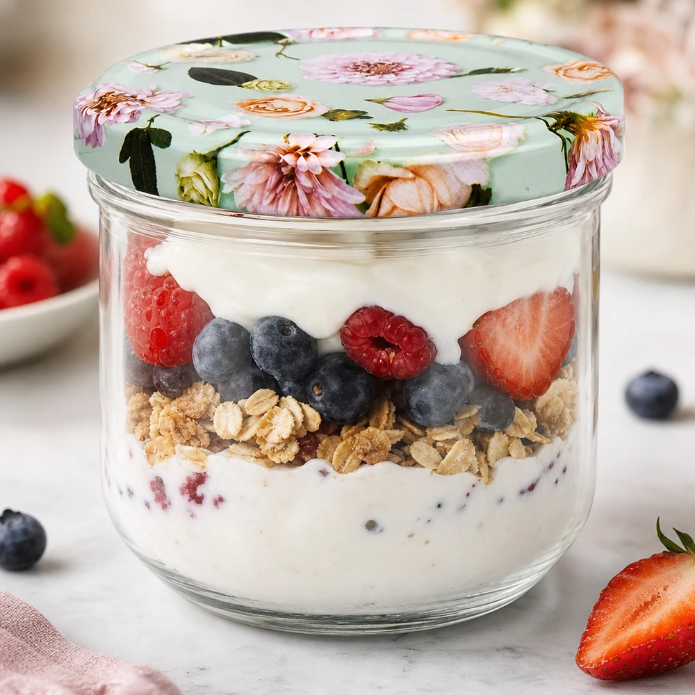 260 ml væltet glas + BasicSeal låg Blume mint UNiTWIST 260 ml-bægre med blomsterlåg fyldt med yoghurtparfait og bær som eksempel på desserter