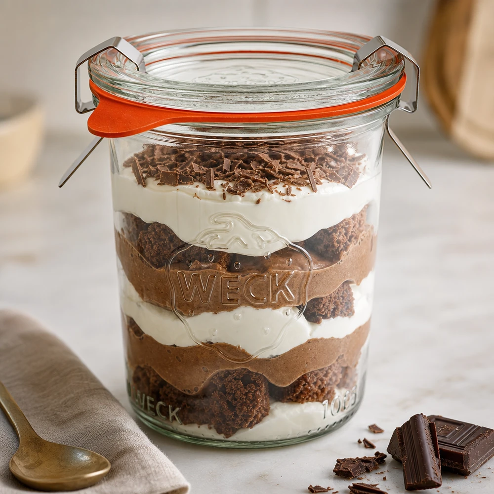 WECK 160 ml RR60-bægre fyldt med lagdelt dessert Tiramisu viser alsidig brug som dessertglas
