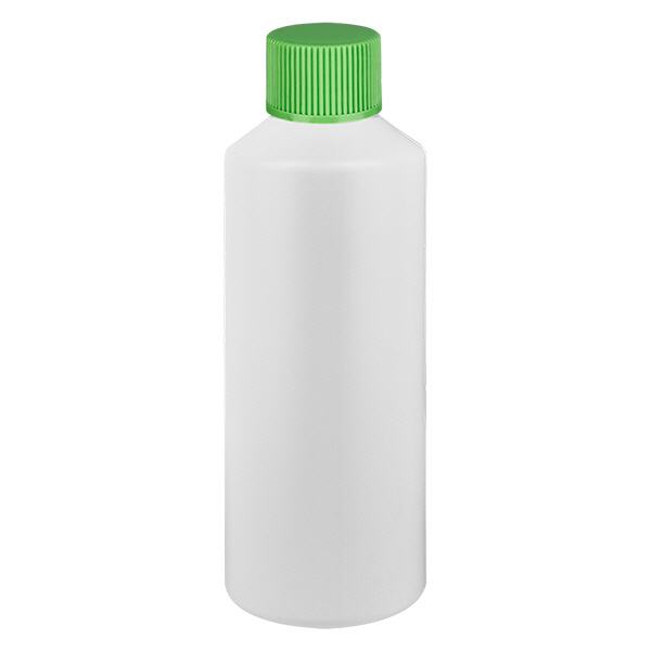 Apoteksflaske HDPE 100ml hvid, med grøn SV Apoteksflaske HDPE 100ml hvid, med grøn SV