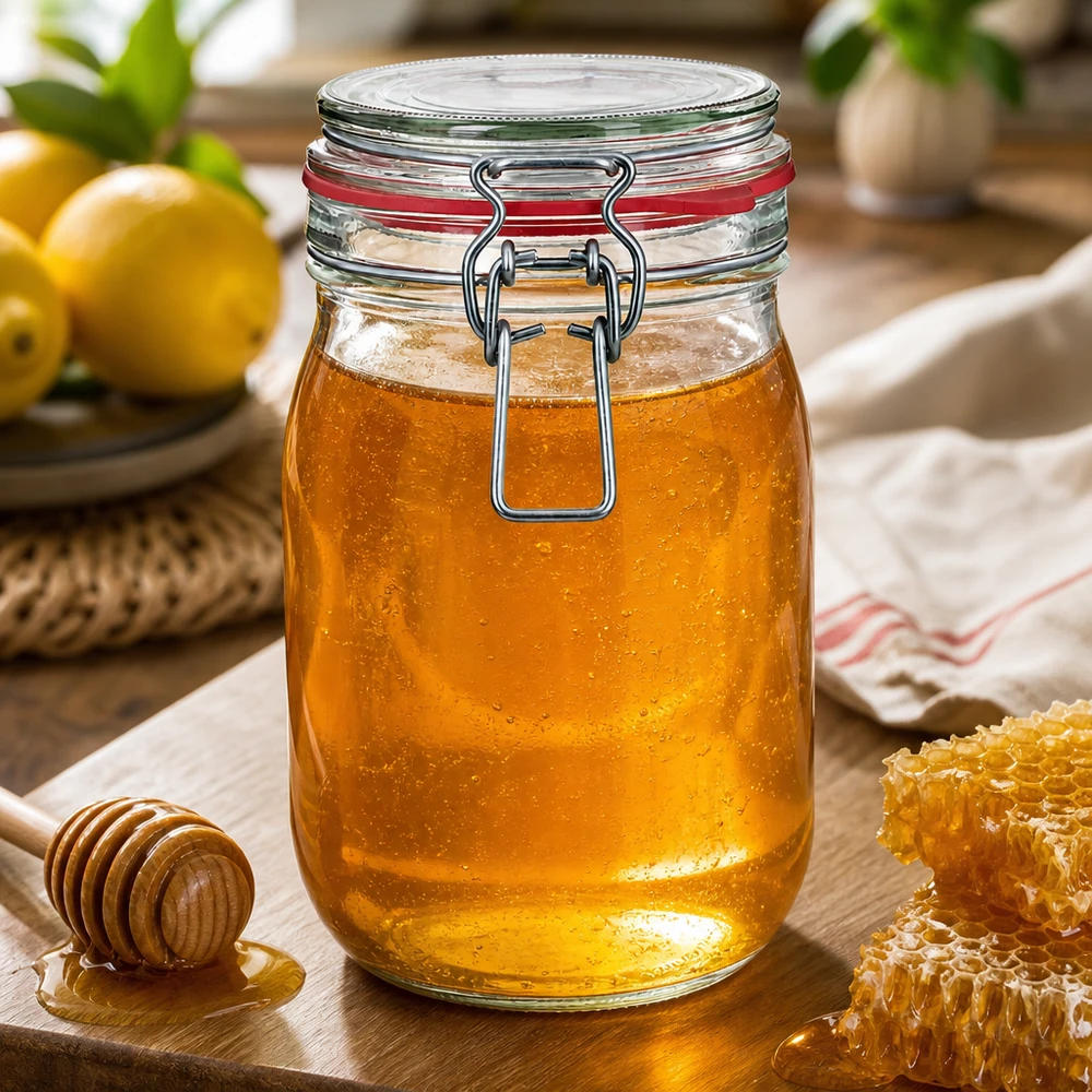 1140 ml opbevaringsglas, type G, med bøjlelåg UN.. 1140 ml opbevaringskrukke med svingtop af højkvalitetsglas til honning og marmelade