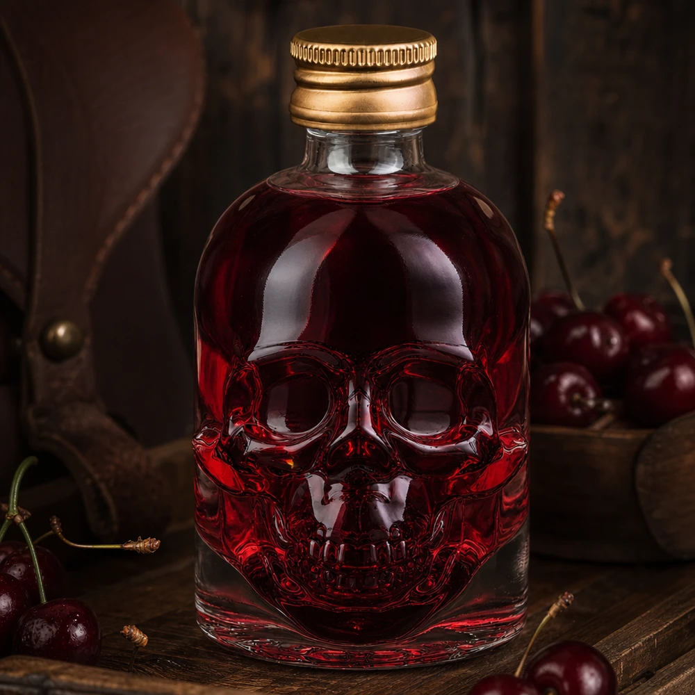 50 ml glasflaske »Hector« og skruelåg guld UNiTWIST® 50 ml glasflaske med Hector-dødningehoveddesign med kirsebærrødt indhold omgivet af friske kirsebær på rustikt træ