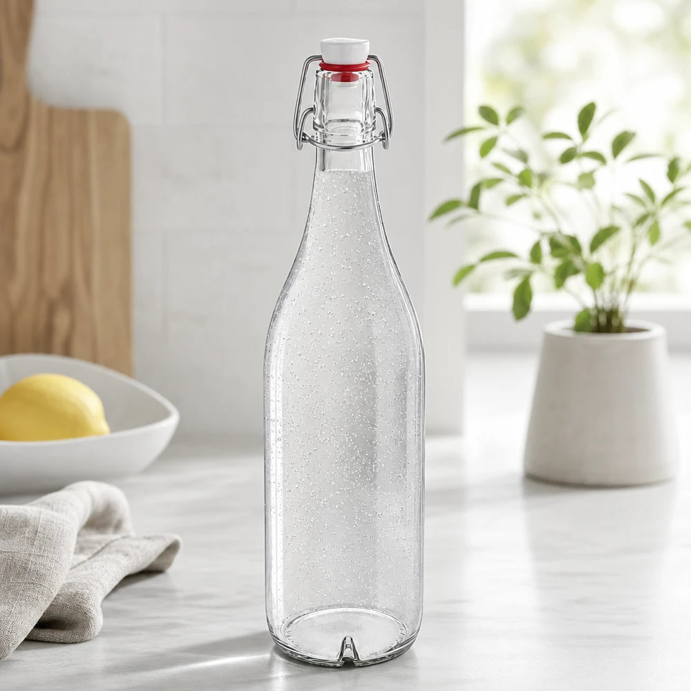 1000 ml glasflaske og hængelåg i PVC UNiTWIST 1000 ml glasflaske med PVC-svingtop UNiTWIST fyldt med danskvand i moderne køkken Lifestyle