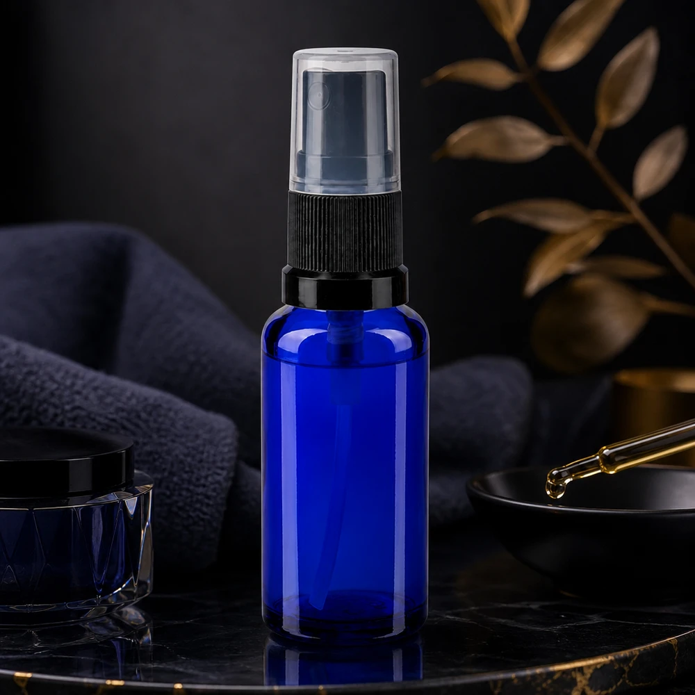 Apotekerflaske blå 30 ml spraytilbehør sort Elegant koboltblå 30 ml apotekersprøjteflaske med sort forstøver på mørk marmorbaggrund