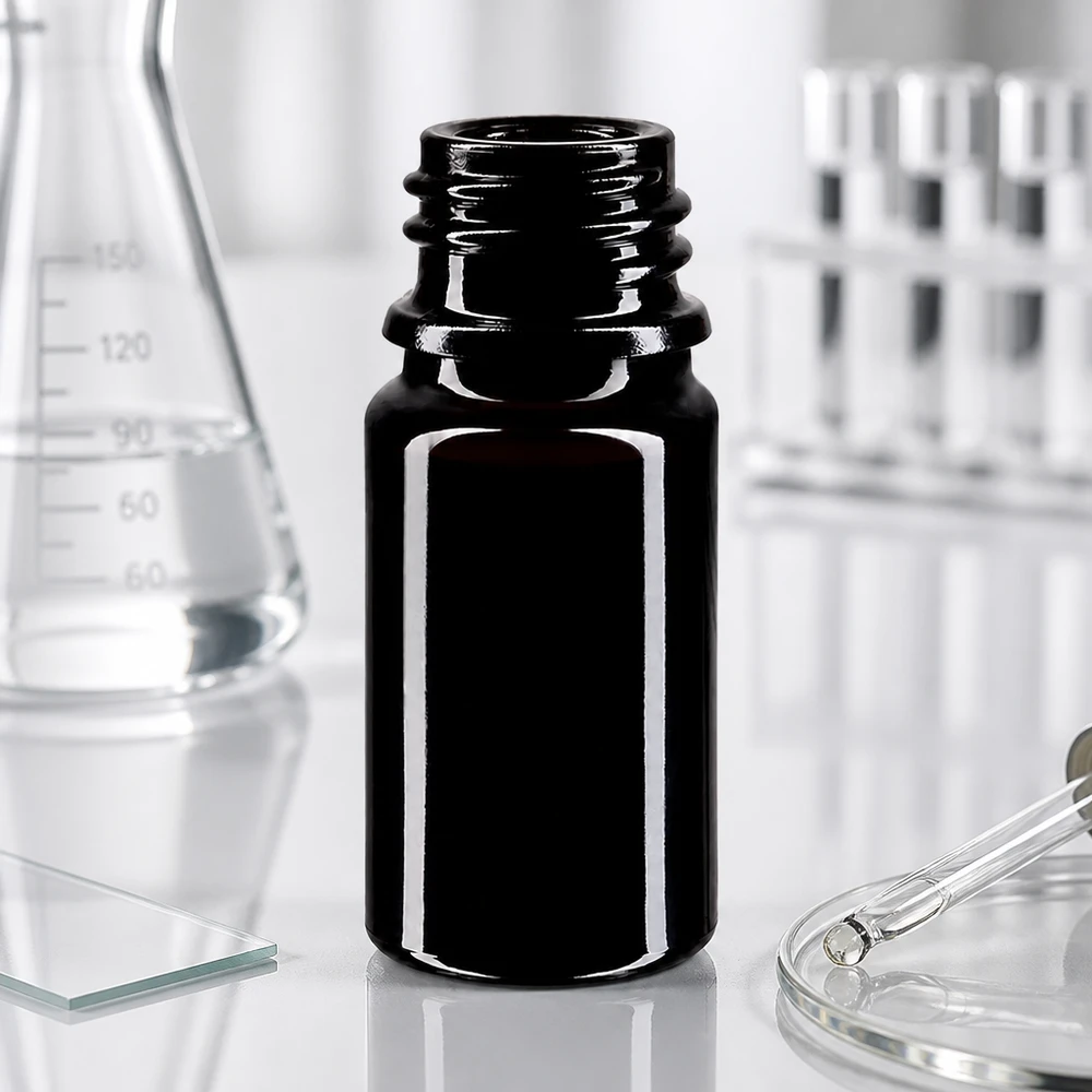 Violet glasflaske 5ml DIN 18 (Mironglas) Elegant sort Orion 5 ml dråbeflaske lavet af violet Miron-glas til professionel brug