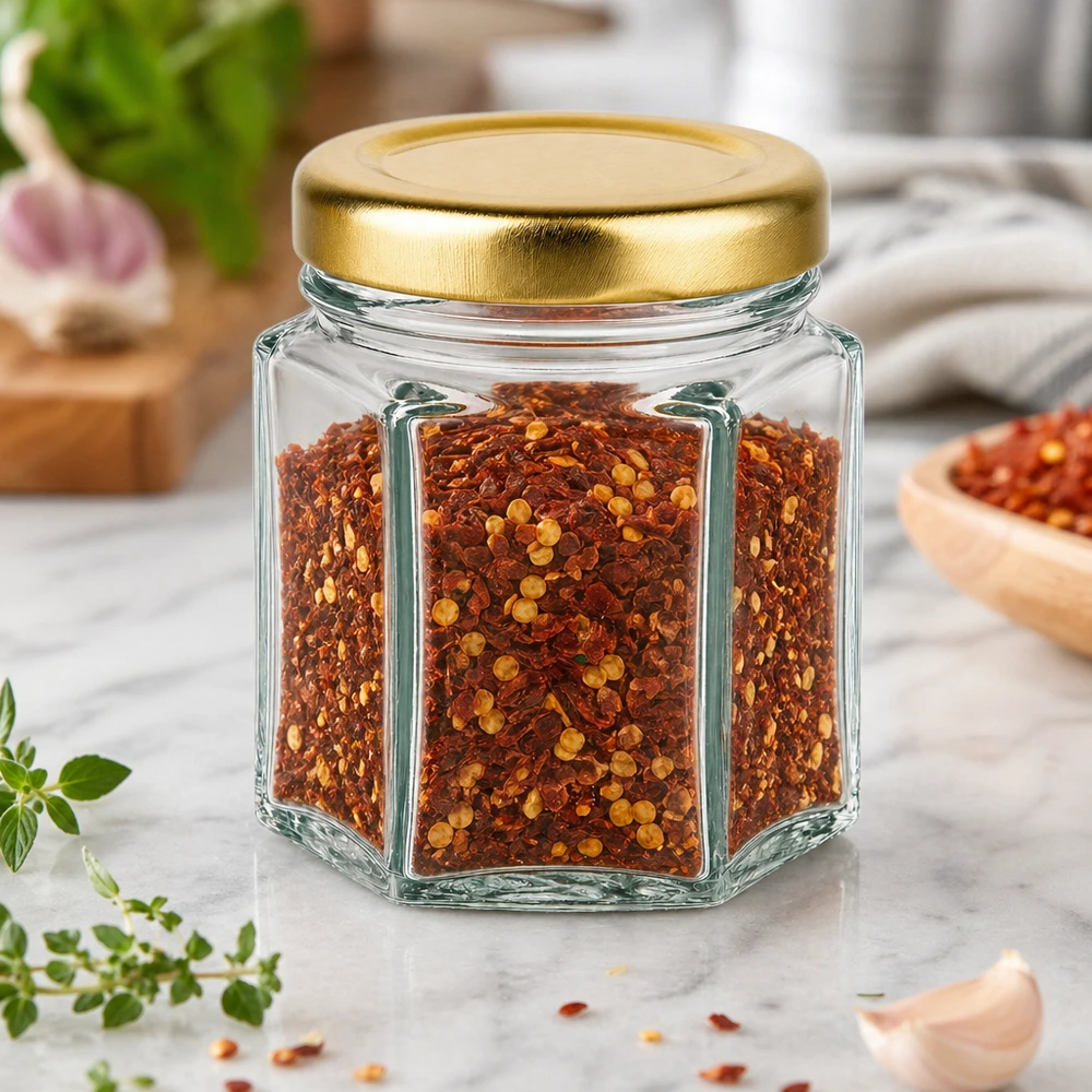 60 g honningglas med gyldent låg BasicSeal UNiTWIST 60 g honningglas sekskantet fyldt med chiliflager på marmorbord med krydderurter og gyldent BasicSeal-låg