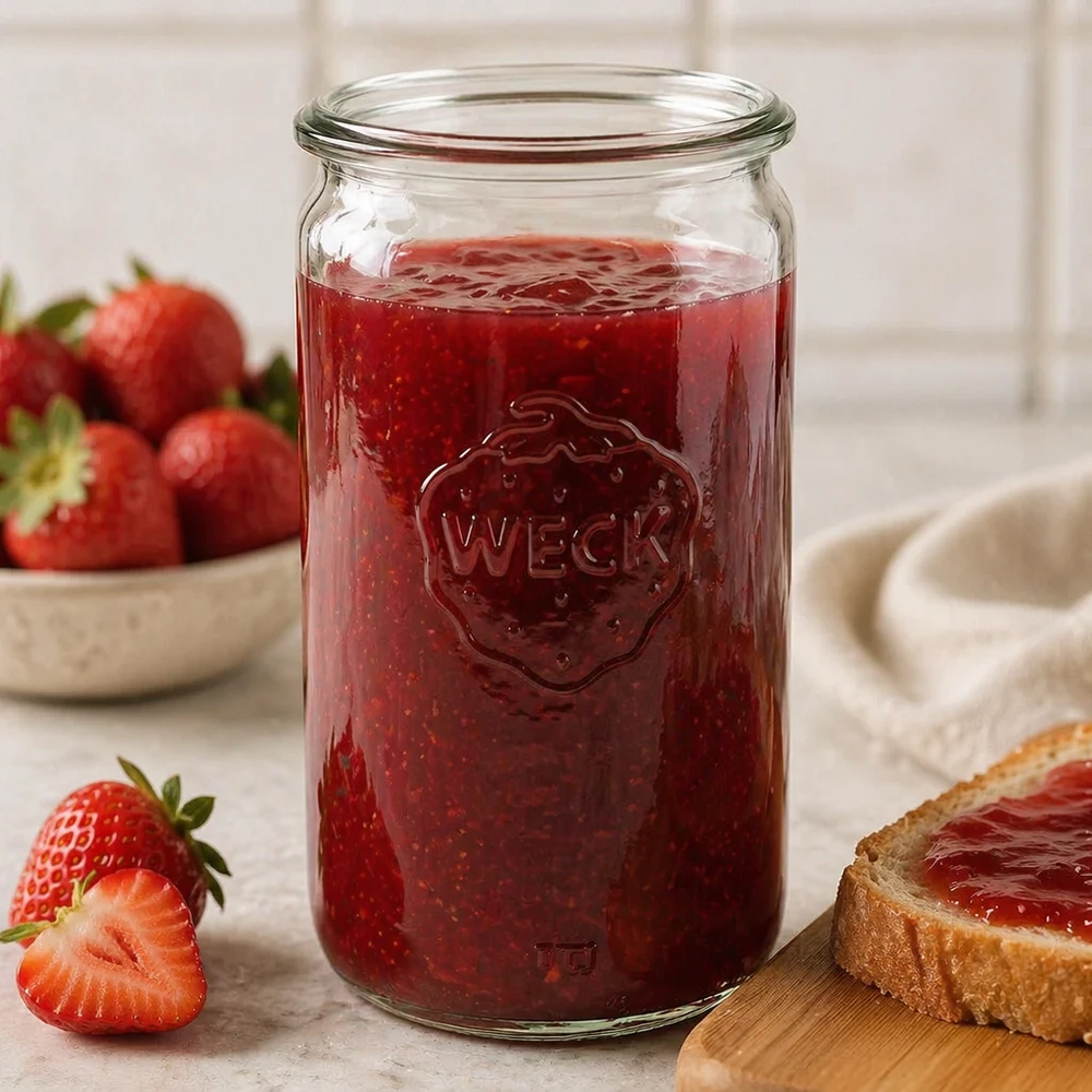 340 ml WECK RR60-glasbeholder WECK 340 ml cylinderglas RR60 fyldt med jordbærmarmelade viser praktisk brug som konserveringsglas i køkkenet