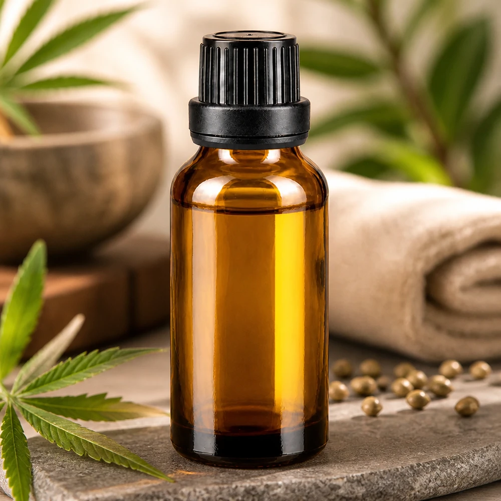 En ravfarvet glasflaske på 20 ml med sort dråbepropp ved siden af et cannabisblad og hampfrø