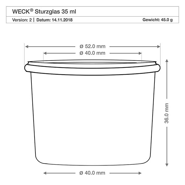 35 ml Briller WECK RR40 med kork natur WECK-bægre RR40 35ml teknisk tegning med dimensioner Diameter 40mm Højde 36mm Vægt 45g Specifikation