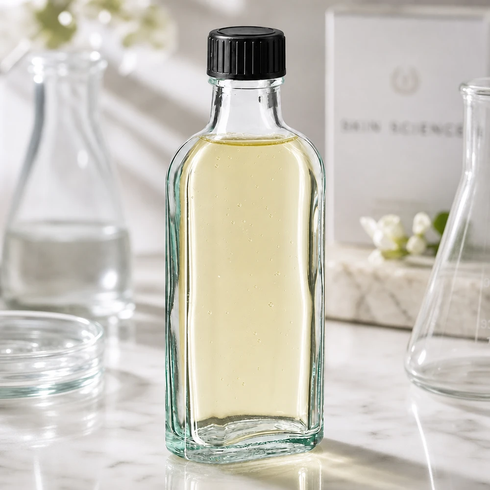 En fyldt 100 ml Meplat-flaske af klart glas med en gullig væske og en sort skruelåg