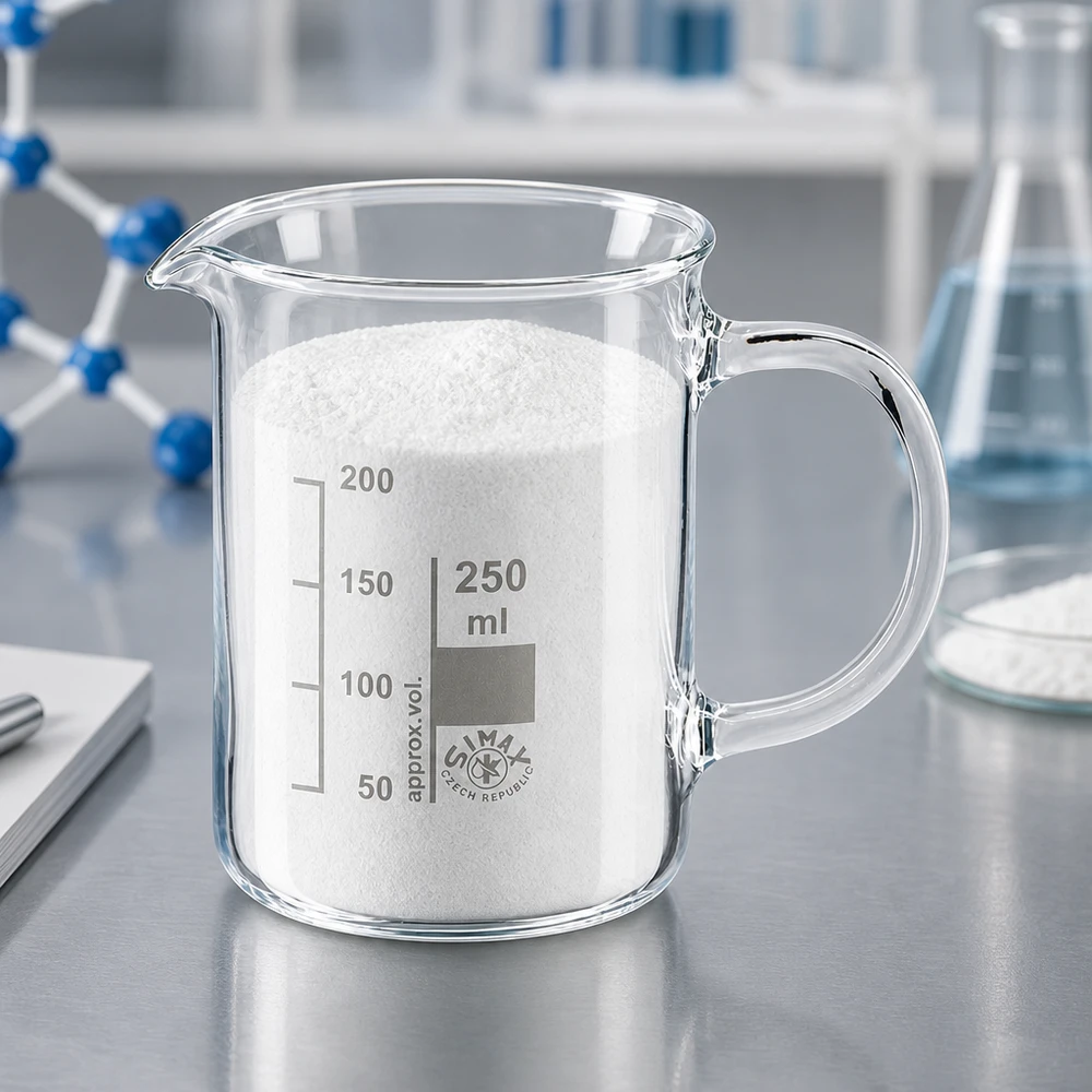 Bæger 250 ml borosilikatglas, med håndtag 250 ml bægerglas af borosilikatglas med hank, fyldt med hvidt pulver i laboratoriet