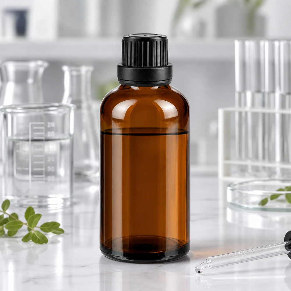 50 ml apotekerflaske af brunt glas med sort originalprop i laboratoriet på marmor