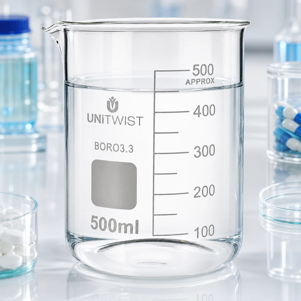 Bæger 500 ml borosilikat, lav form UNiTWIST UNiTWIST 500 ml boresilikatglas, lav model med tydelig skala til laboratoriebrug