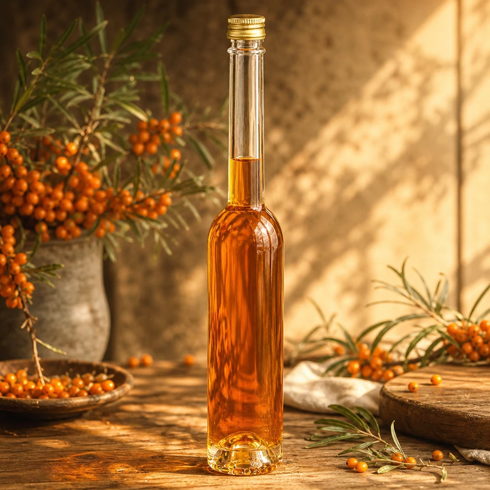 100 ml glasflaske »Toni« og skruelåg sølv UNiTWIST® Elegante 100ml Glasflasche Toni mit Sanddornöl befüllt - goldener Verschluss, edle Optik für Küche und Geschenke