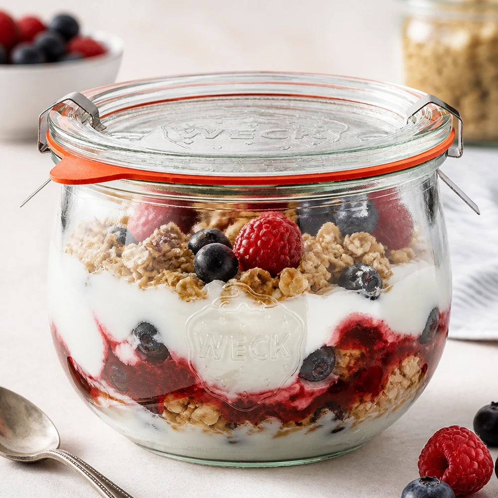 WECK tulipankrukke 580 ml RR100 som parfaitkrukke med yoghurt, bær og granola, perfekt til desserter og morgenmad
