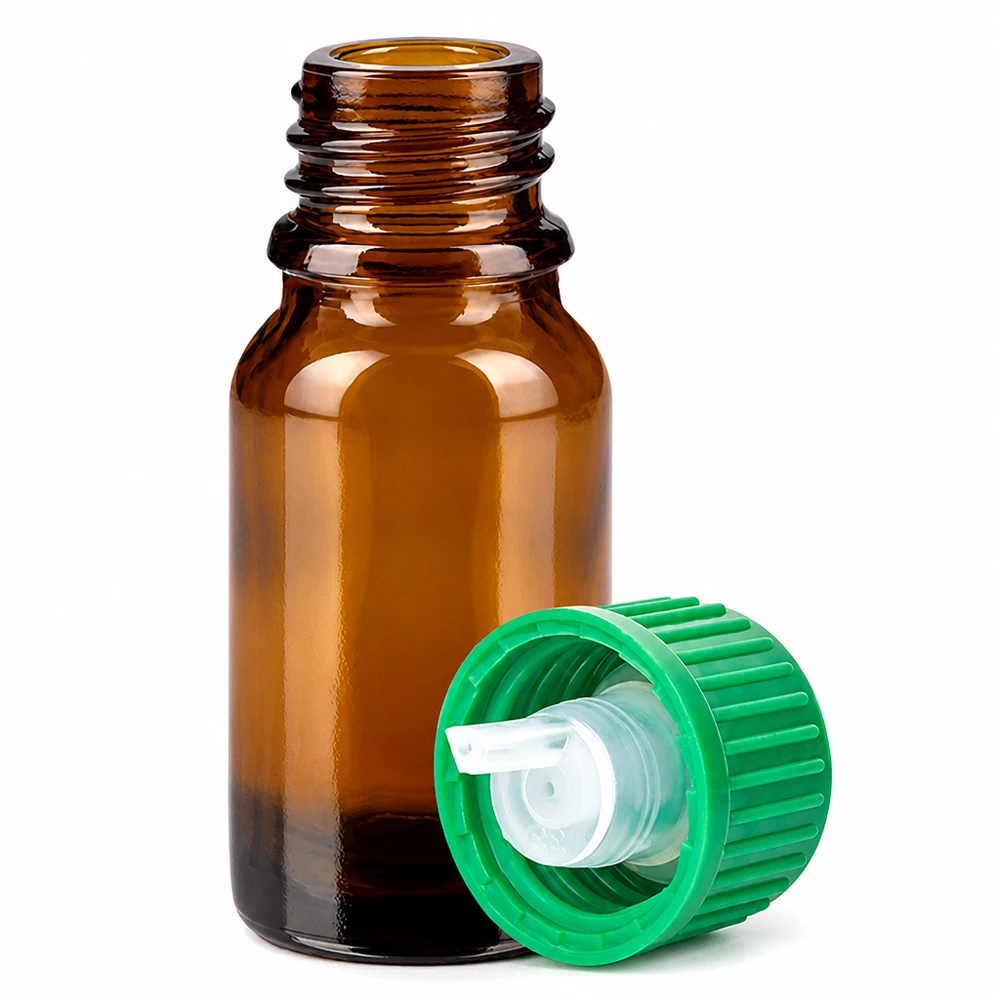 10 ml Dropperflaske 0,8 mm grøn STD BrownLine UT18/10 Brun glasflaske 10 ml med grøn dråbehætte til æteriske olier og tinkturer