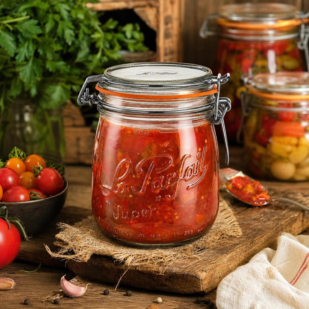 Le Parfait® glas 750 ml Ø85 mm opbevaring 750 ml Le Parfait Super opbevaringskrukke med svingtop fyldt med tomatsauce på et rustikt træbord