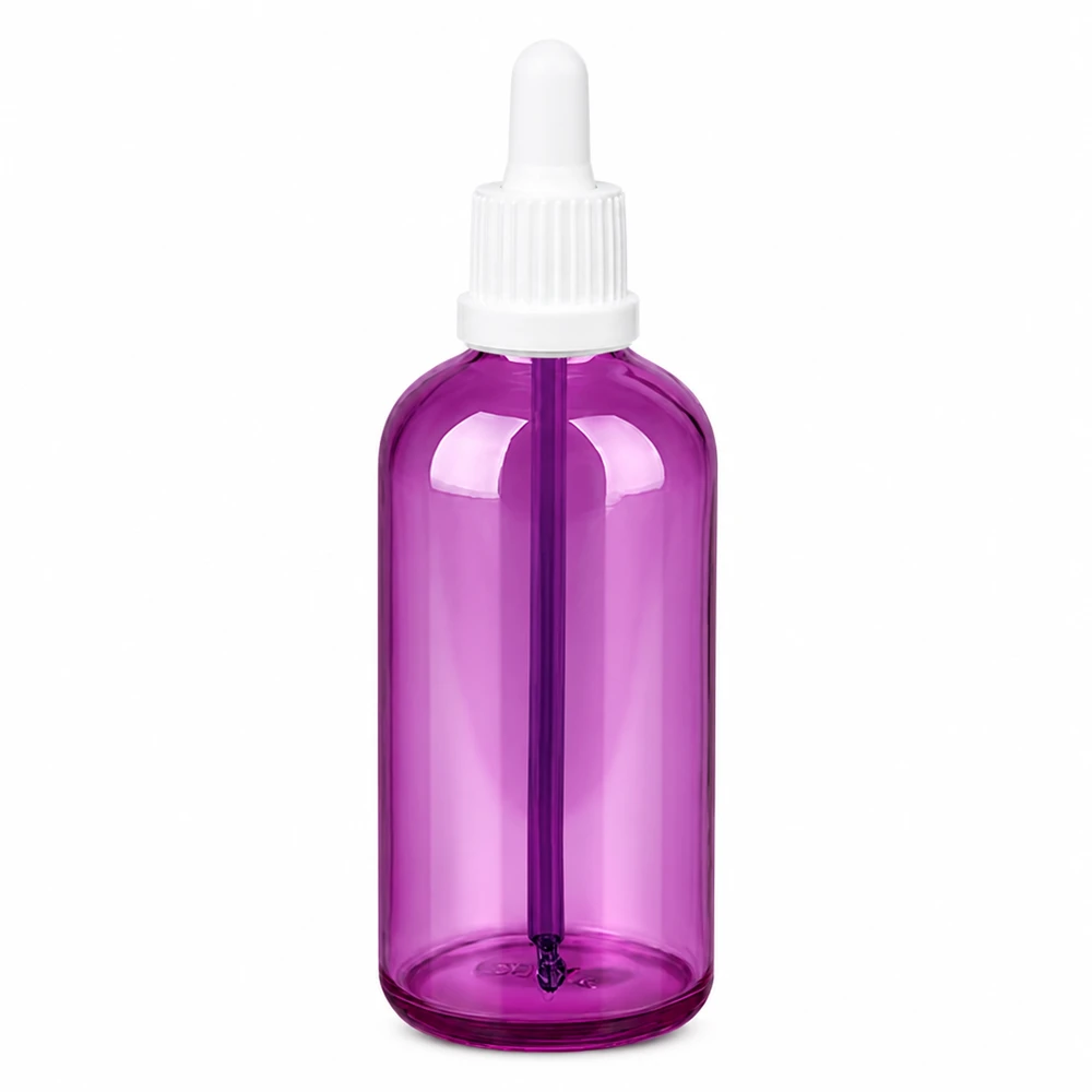 100 ml pipetteflaske hvid Originality skruelåg PurpleLine UT18/100 100 ml pipetteflaske i lilla transparent med hvid dråbehætte til præcis dosering