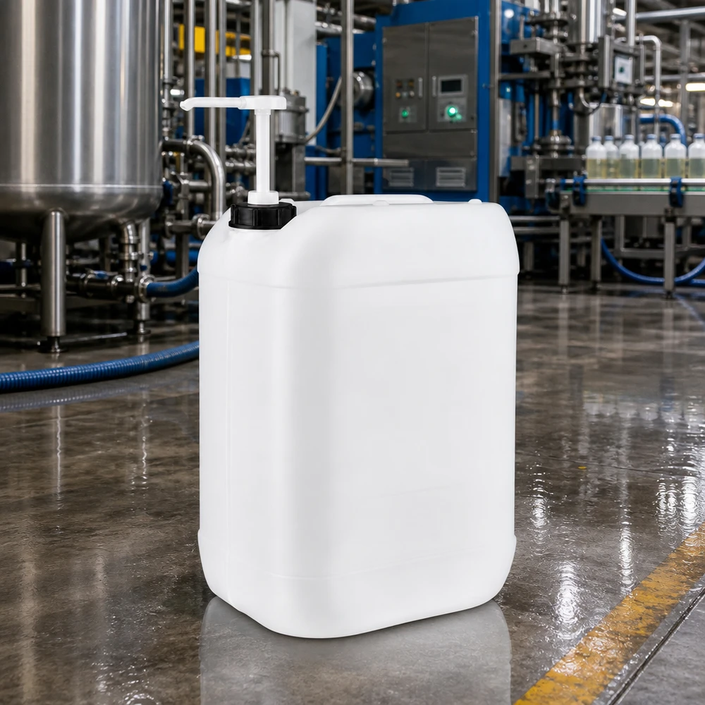 Beholder 25 liter med doseringspumpe 25-liters industrikanister med doseringspumpe på et blankt betongulv i en produktionshal