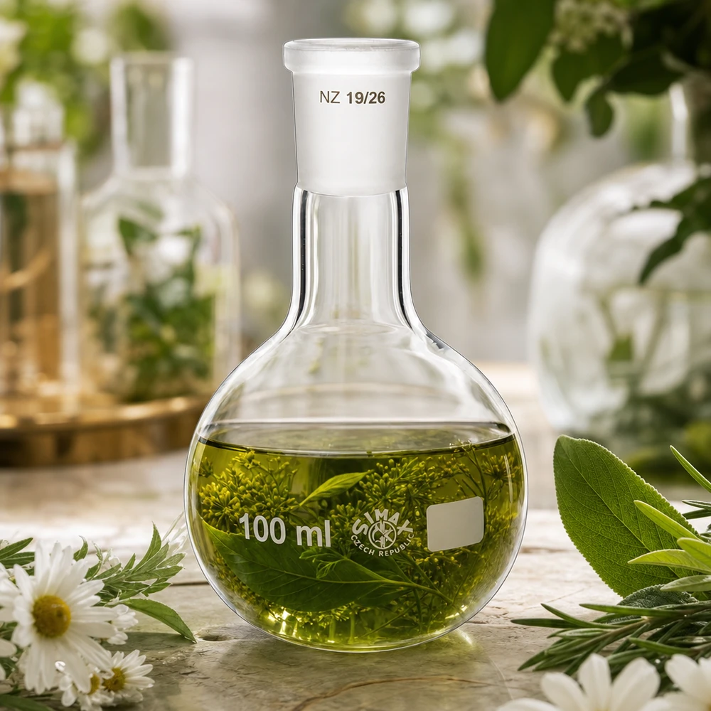 100 ml kolbe med standard slebet led (19/26) Hoftekolbe med grøn urteopløsning 100 ml - laboratorieglas af høj kvalitet med 19/26 standard slebet led