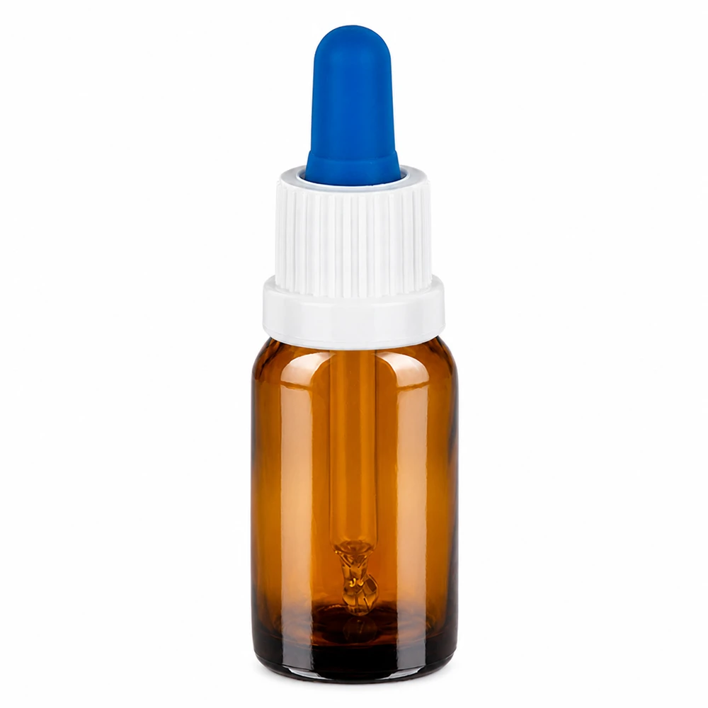 10 ml pipetteflaske hvid/blå OV BrownLine UT18/10 10 ml pipetteflaske brun med hvid hætte og blå pipette til præcis dosering