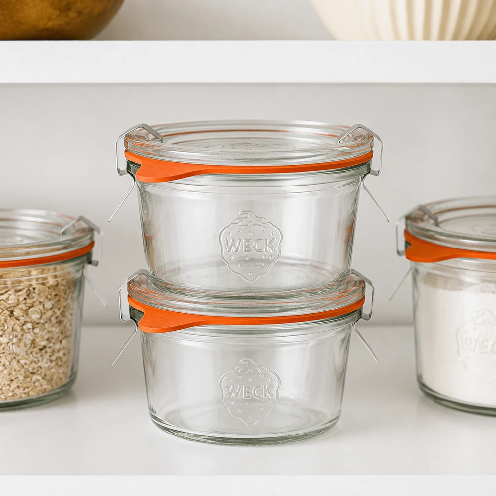 WECK 50 ml RR60-glas kan stables i spisekammeret ved siden af andre konservesglas for pladsbesparende opbevaring