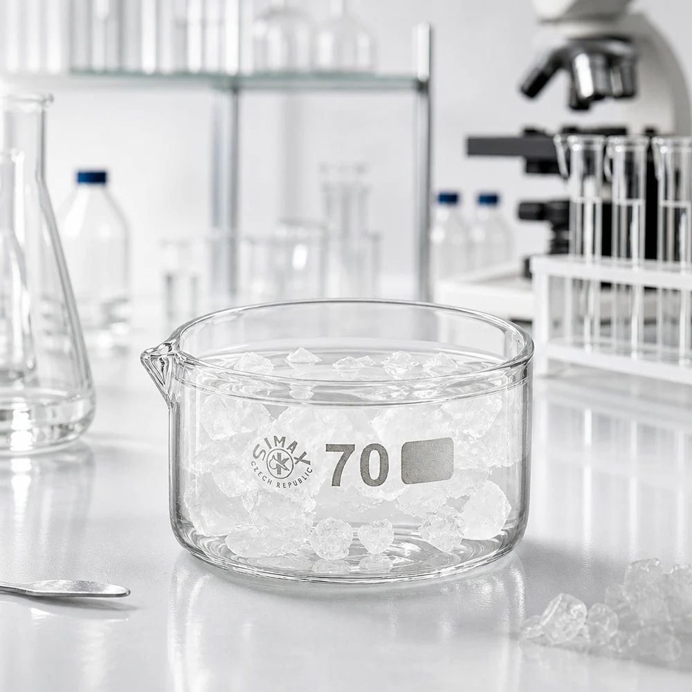 Krystalliseringsskål 100 ml med borosilikat-tud Flade glasbeholdere på 100 ml fyldt med krystaller i laboratoriet på en hvid arbejdsflade