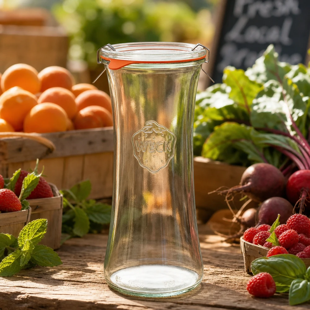 700 ml delikatesseglas komplet WECK RR80 WECK Delikatessenglas 700ml RR80 leer auf Holztisch mit frischen Beeren, Orangen und Gemüse in natürlicher Gartenszene