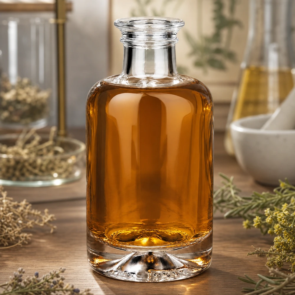 100 ml apoteksflaske »Sofia« uden lukning UNiTWIST® 100ml Glasflasche Sofia mit bernsteinfarbenem Öl in natürlicher Kräuter-Deko-Szene auf Holzuntergrund