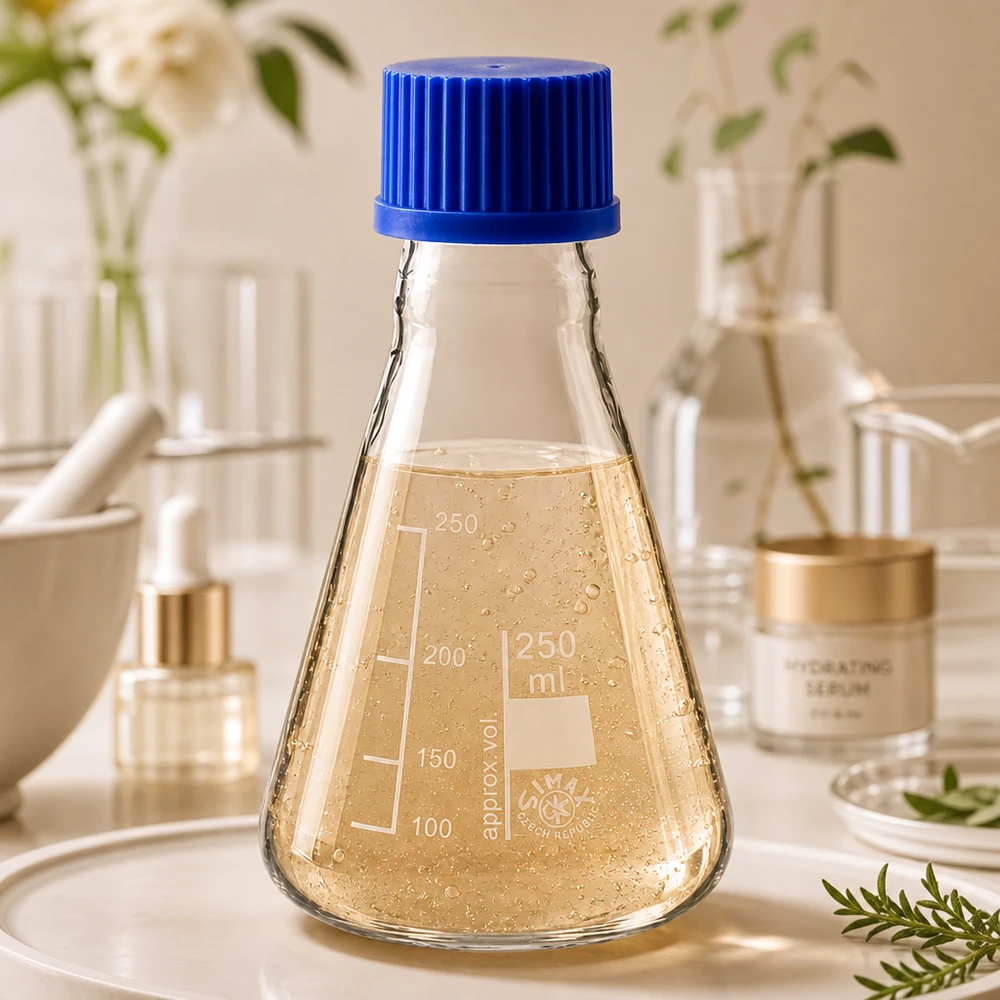 Erlenmeyer-kolbe 250 ml med skruelåg Gradueret Erlenmeyer-kolbe 250 ml med milliliterskala og blå hætte til præcis volumenbestemmelse