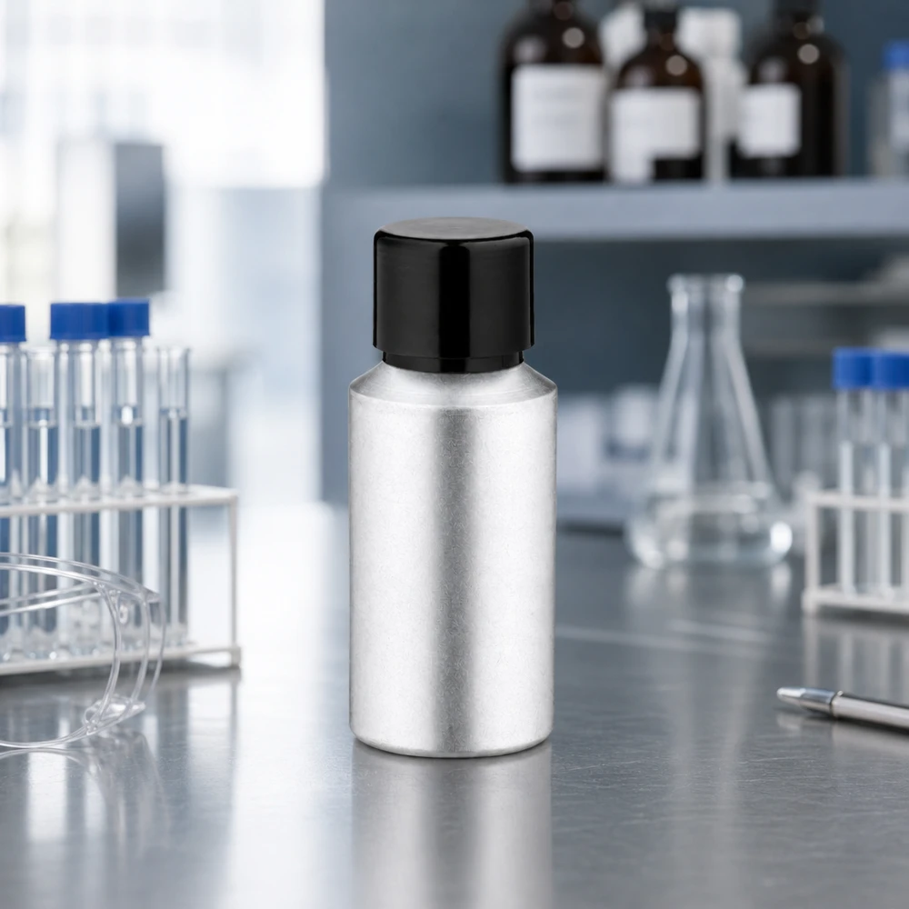 30 ml farvet aluminiumsflaske med skruelåg 30 ml farvet aluminiumsflaske med mat finish og sort hætte til præcis dosering