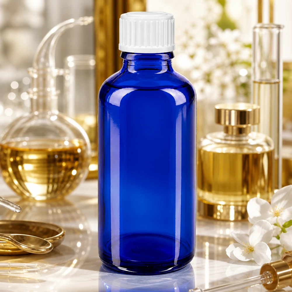 Apoteksflaske blå 50ml skruelåg hvid stk. Blå 50 ml glasflaske med hvid skruelåg blandt gyldne laboratorieapparater