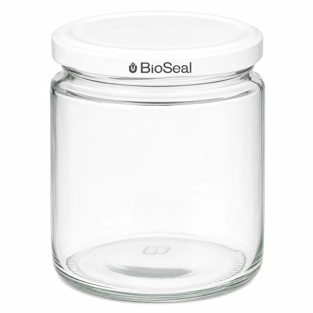 350 g honningglas med hvidt BioSeal UNiTWIST-låg 250 ml honningkrukke med hvidt BioSeal UNiTWIST-låg tom gennemsigtig glaskrukke til honningmarmelade