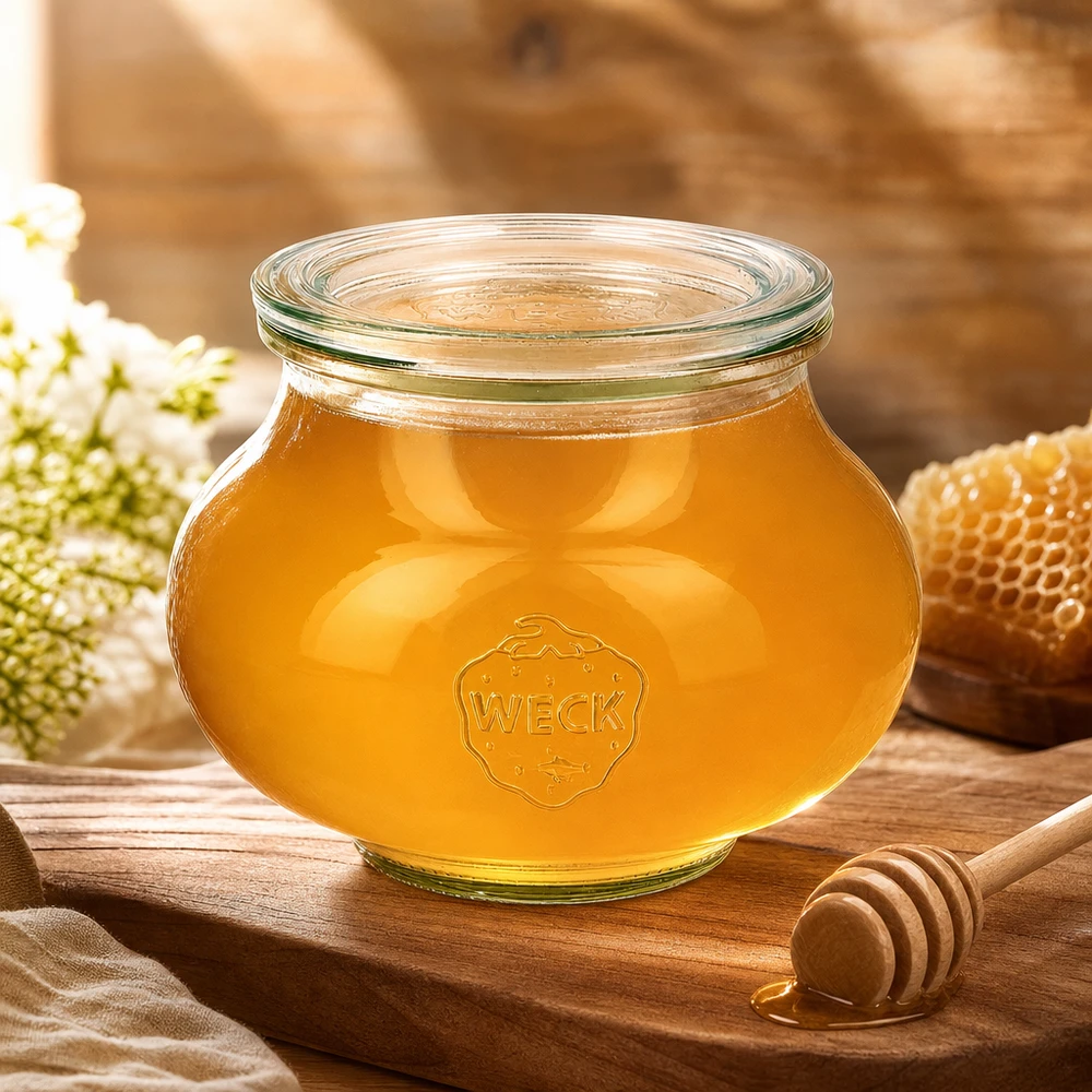 560 ml dekorativt glas med glaslåg WECK RR80 WECK smykkekrukke 560ml RR80 fyldt med honning ved siden af honningske, honeycomb og hvide blomster på træplade