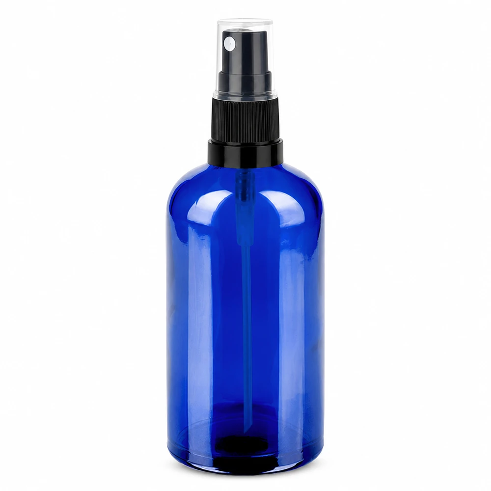 Blå 100 ml glassprayflaske med sort sprayhoved til kosmetik og aromaterapi