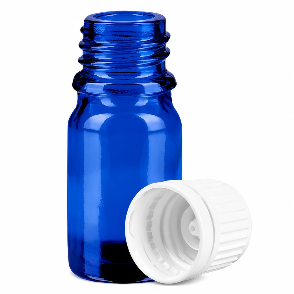 5 ml flaske 11 mm SV hvid OV BlueLine UT18/5 Lille blå glasflaske 5 ml med 11 mm gevind og hvid hætte til aromaterapi