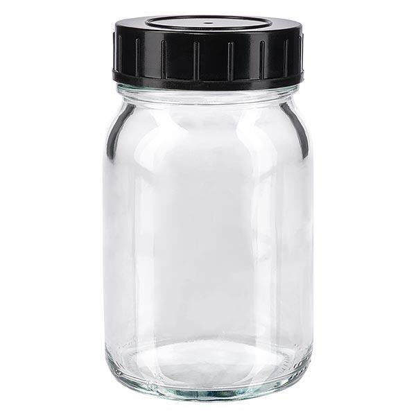 200 ml flaske med bred hals i klart glas med skruelåg