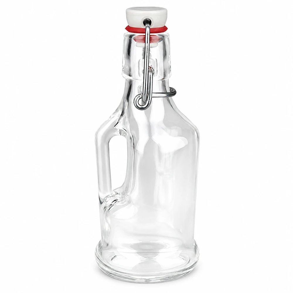 200 ml glasflaske »Bertha« og PVC-skruelåg UNiTWIST® 200 ml glasflaske Bertha med PVC-svingtop UNiTWIST, klart glas, håndtag, hvid keramisk prop