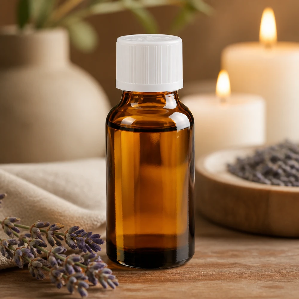 Apoteksflaske brun 20 ml skruelåg hvid KiSi St Kompakt brun glasflaske på 20 ml med hvid skruelåg og børnesikring ved siden af lavendelblomster