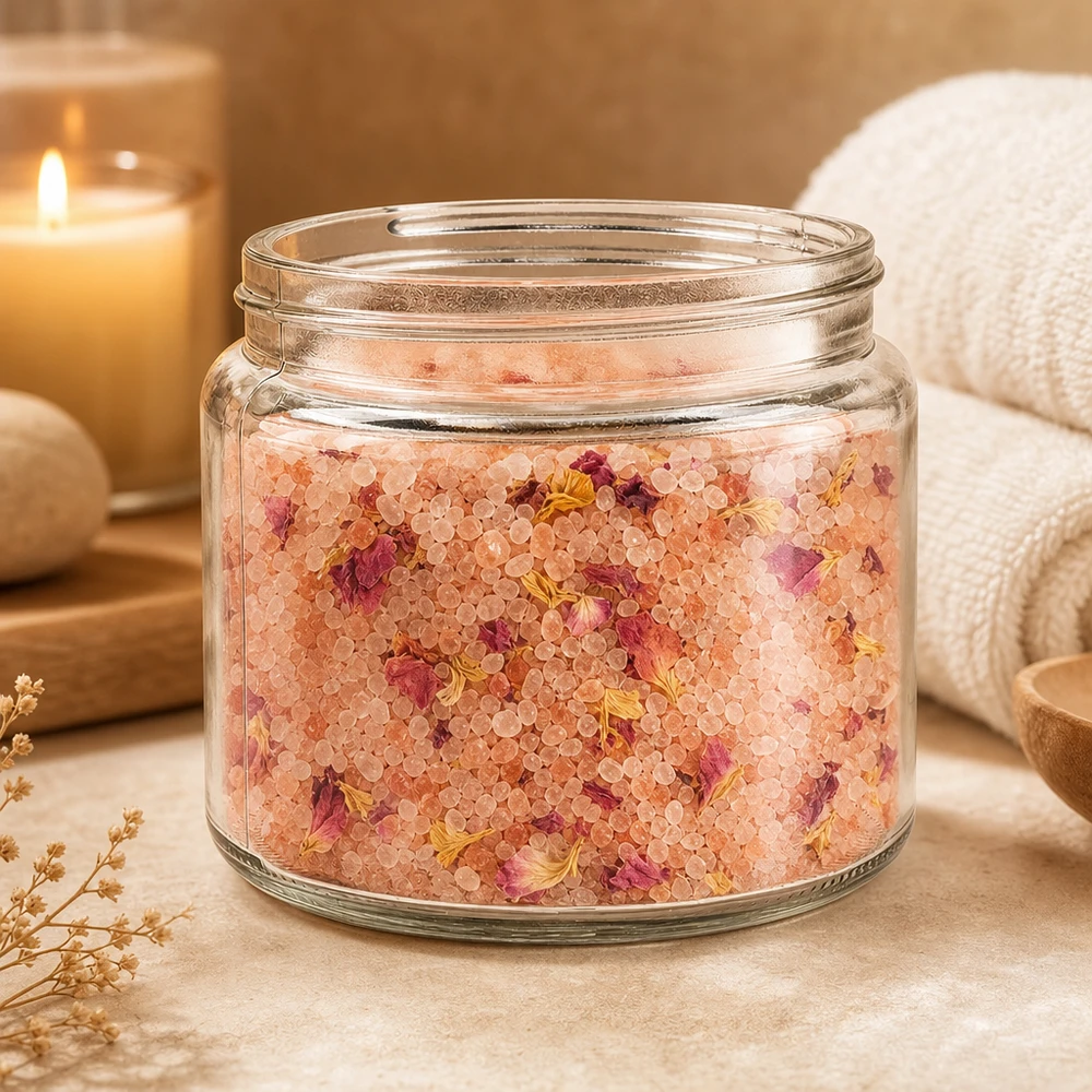 Salvebeholder (glasbeholder) 250 ml klar, uden låg, gevind 83mm/R3 Glaskrukke 250 ml dekoreret i en naturlig spa-indstilling med badesalt, blomster, stearinlys og håndklæde