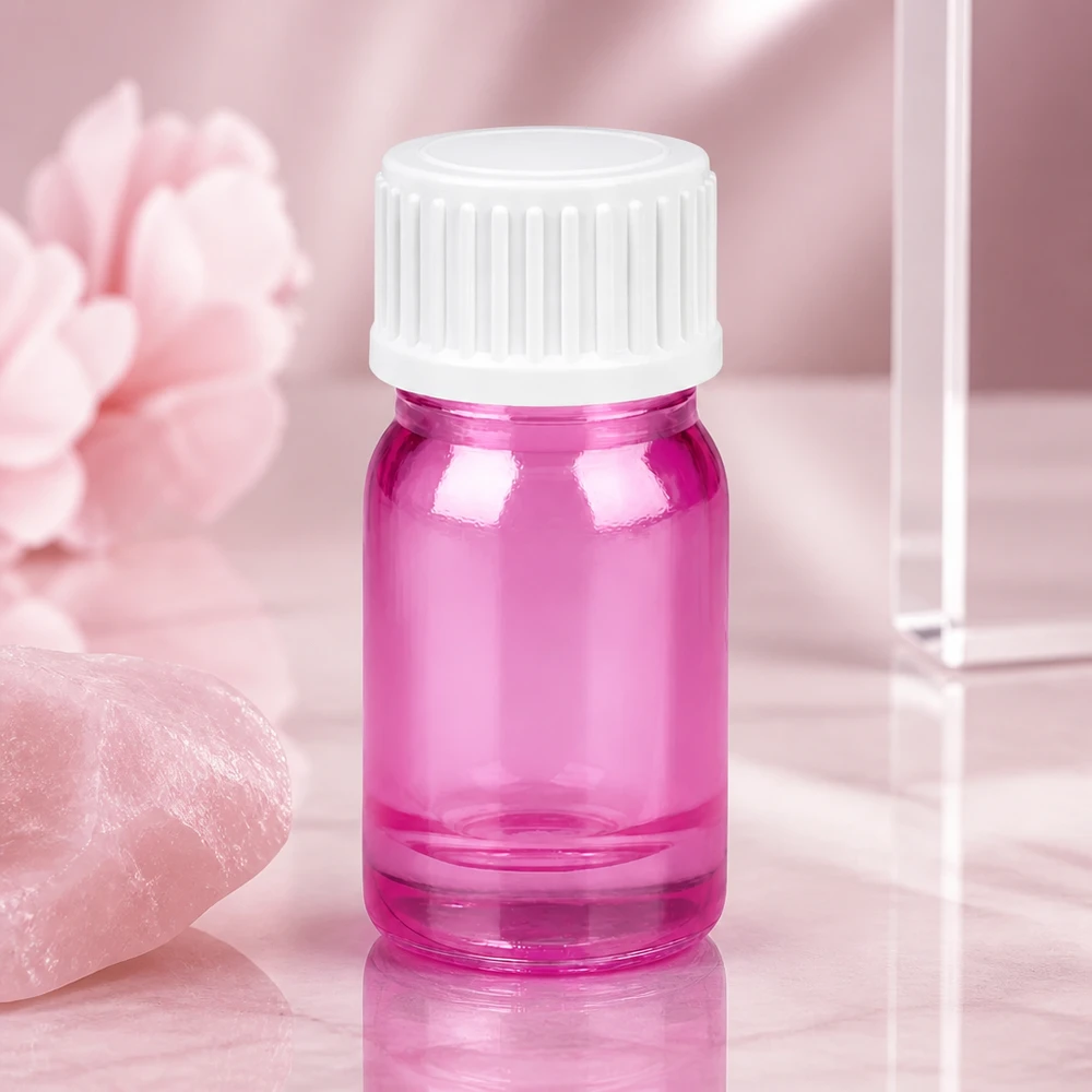 5 ml (kugle) flaske 3 mm hældering hvid standard PurpleLine UT18/5 Kompakt 5 ml glasflaske i pink med hvid hætte til mobil aromaterapi og på rejser