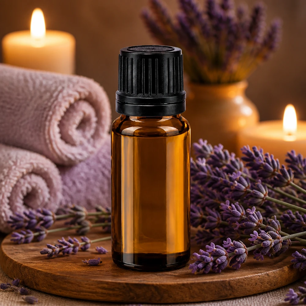 Apoteksflaske brun 10ml dryp v. Pr. 1mm sort OV Ravfarvet 10 ml apotekerflaske af glas med sort originalitetslukning og lavendel-dekoration