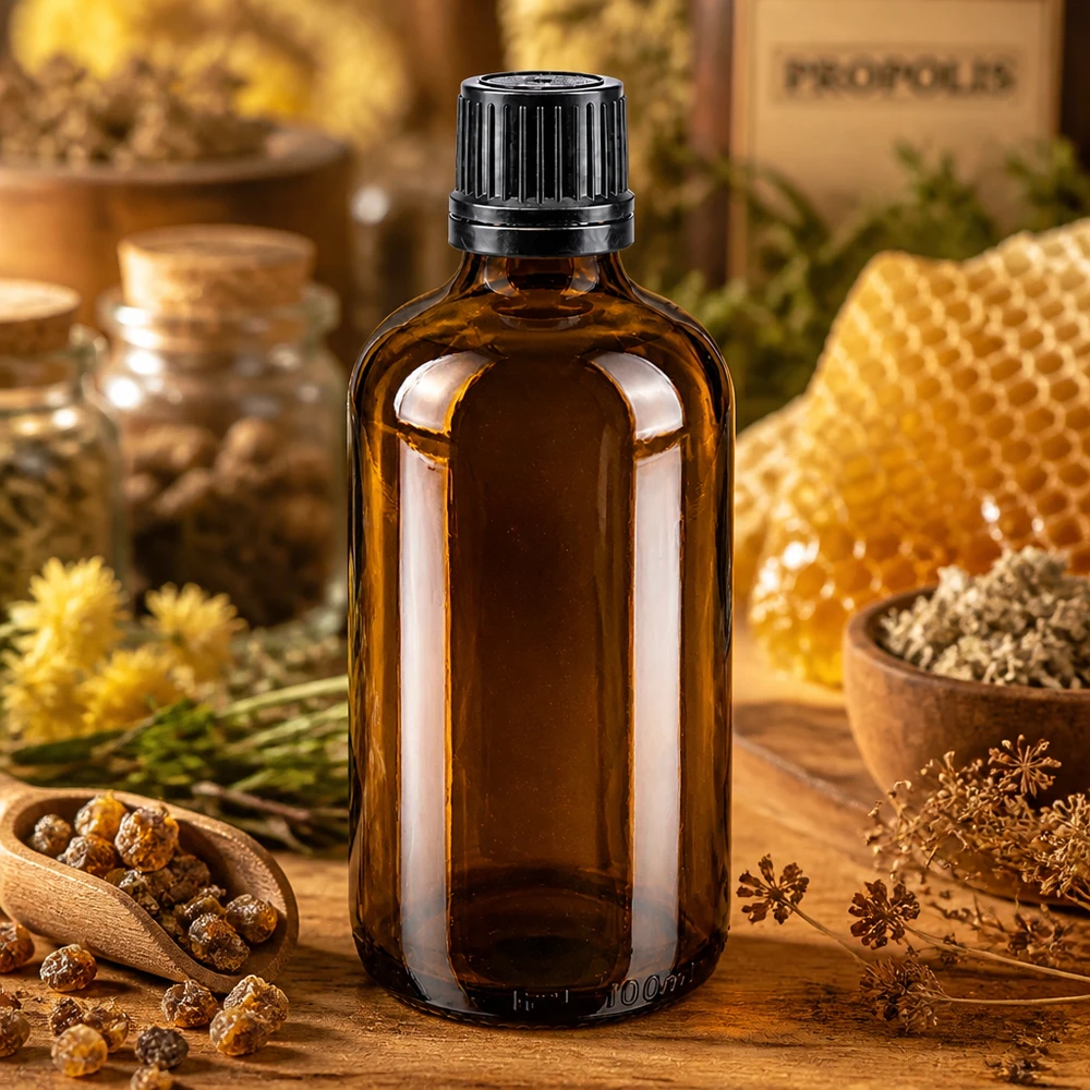En ravfarvet apotekerflaske på 100 ml med dråbeflaske ved siden af bikager og propolis