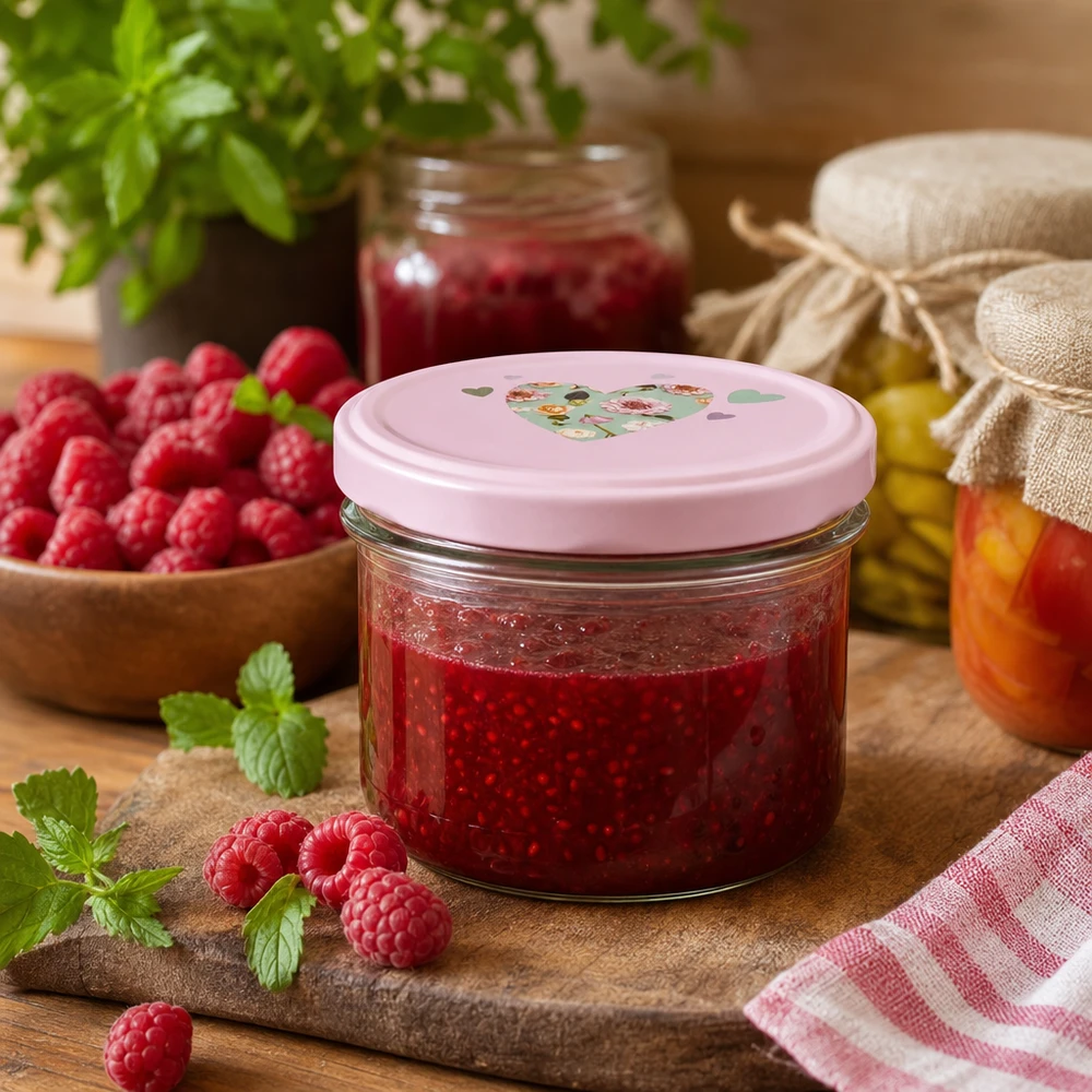 225 ml glas med skrå kant + BasicSeal låg, hjerteformet, rosa UNiTWIST Hjemmelavet hindbærmarmelade i et 225 ml murerbalje med et pink BasicSeal hjerteformet låg omgivet af friske hindbær.