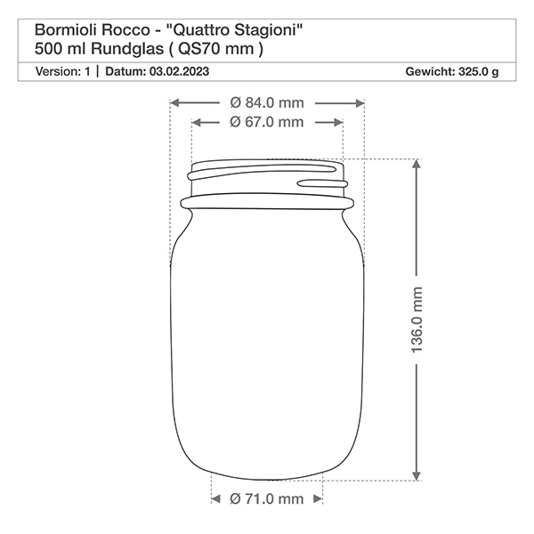 700 ml rundt glas "Quattro Stagioni" med låg Teknisk tegning 500ml Quattro Stagioni rundt glas med dimensioner diameter 84mm højde 136mm Bormioli Rocco